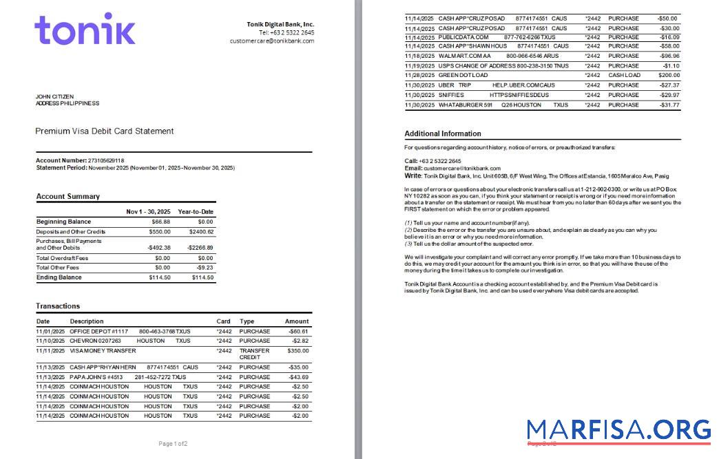 Downloadable Philippines Tonik bank Premium Visa Debit Card statement word 2 pages sample